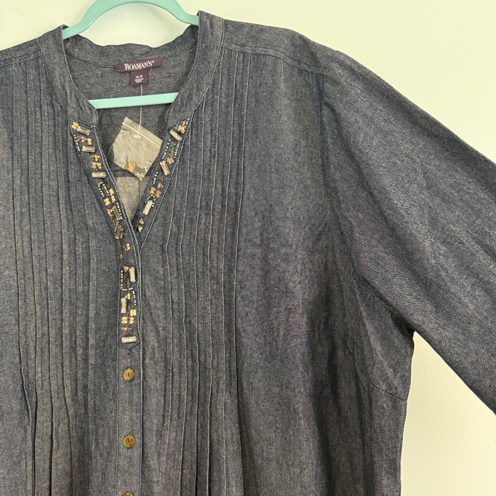 ROAMAN'S® Women’s Plus Long Sleeve Denim Cotton Beaded Blouse Size 26 W - Picture 3 of 10